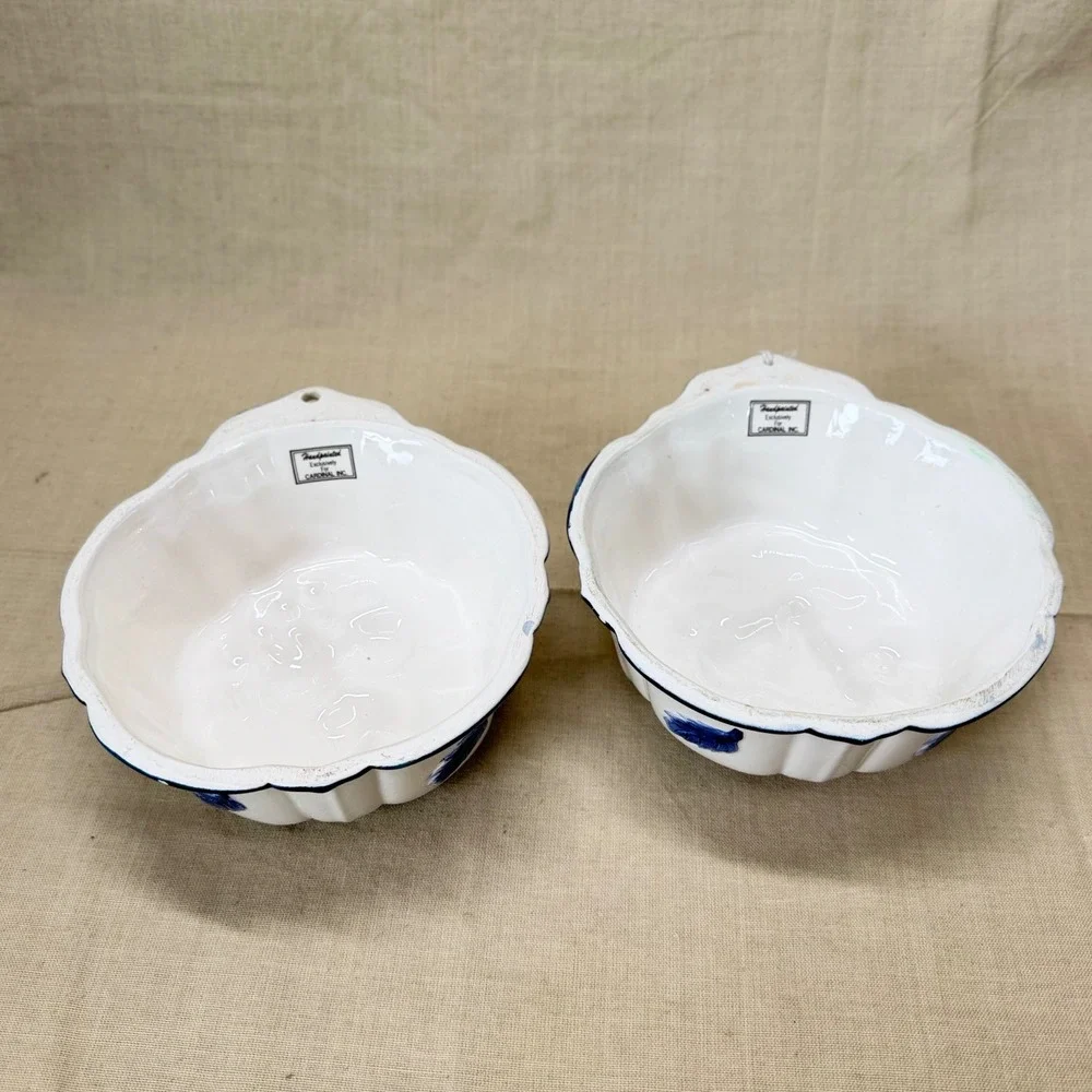Vintage Blue White Hanging Ceramic Molds Pair Fruit Kitchen Wall Plate Decor